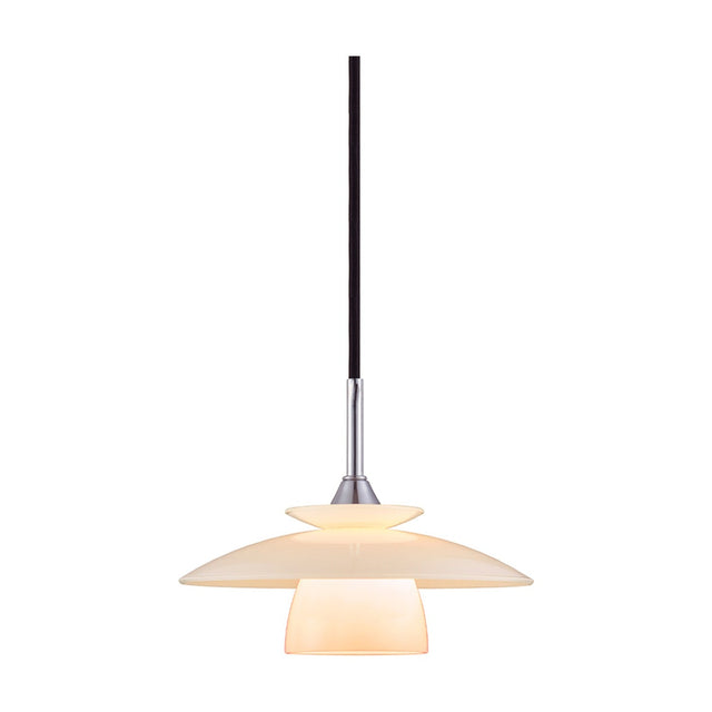Scandinavia Pendant Light 20cm in opal glass and chrome, with a small disc, wide flared plate, and deep drum stacked beneath a chrome cone on a black cord, shown on a plain white background.