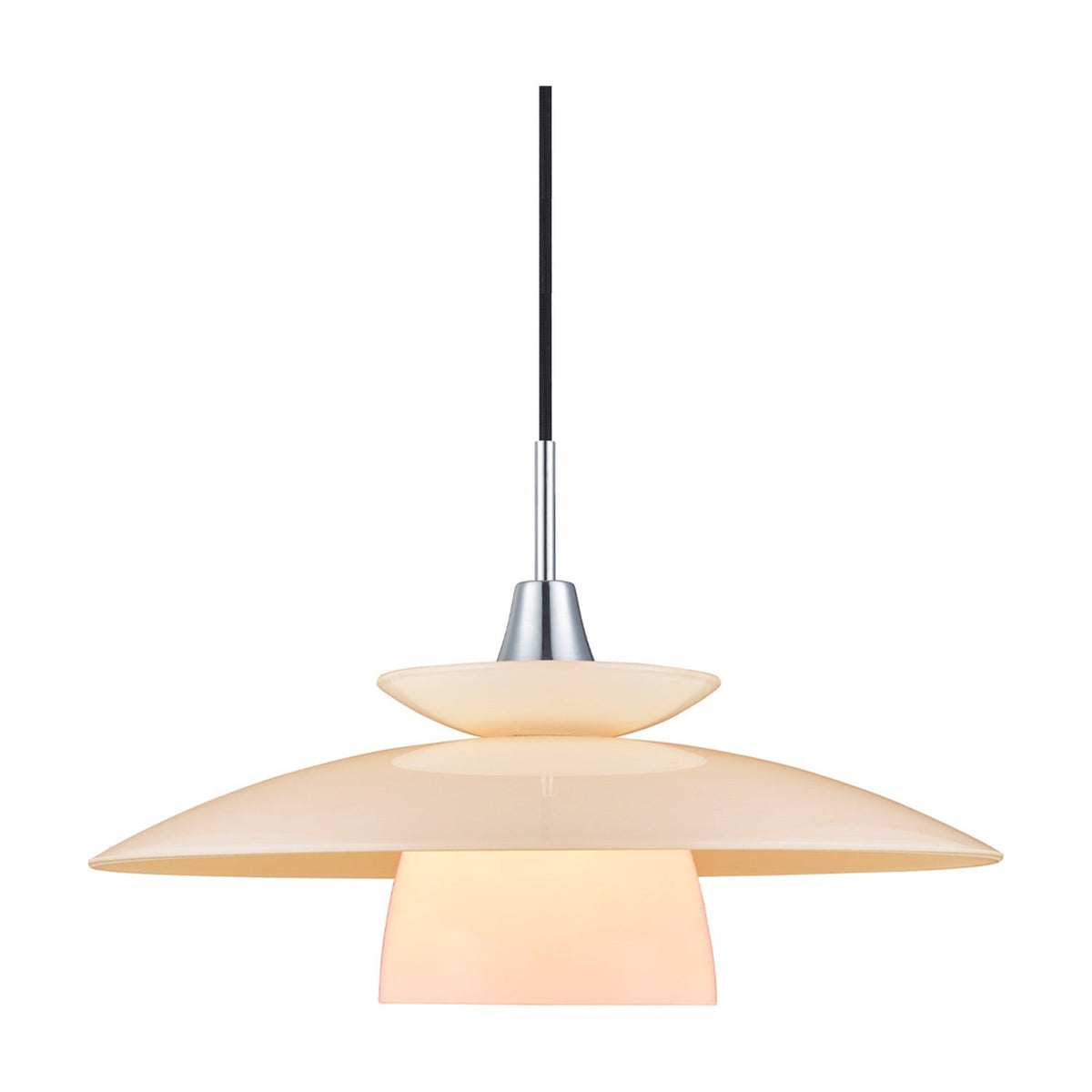 Scandinavia Pendant Light 40cm in opal glass and chrome, with three tiered plates on a black cord, shown lit against a plain white background.