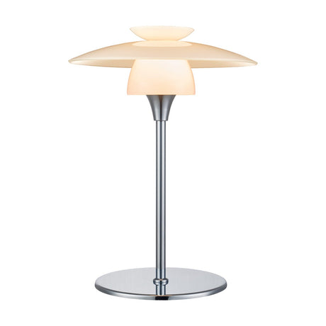 Scandinavia Table Lamp 20cm in opal and chrome, with stacked opal glass plates glowing on a slender chrome stem and round chrome base, shown on a plain white background.