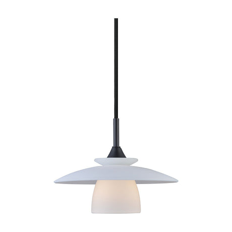 Scandic Pendant Light 20cm in Opal, black cord and cone with stacked pale grey discs above a lit opal glass drum shade, on a plain white background.