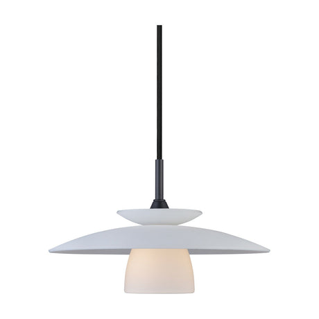 Scandic Pendant Light 25cm in Opal, with a black cord and cone fitting above a small white disc, a wider flared white plate, and a glowing opal glass drum, shown on a plain white background.