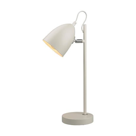 Yep Table Lamp in white with a tapered dome shade on a chrome pivot, straight round post, and low circular base, shown on a plain white background.