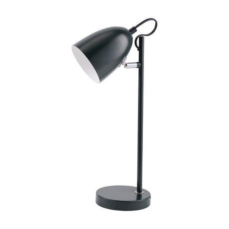 Yep Table Lamp in black with a tapered dome shade on an adjustable pivot, white-lined interior, slim round post and circular base, shown on a plain white background.