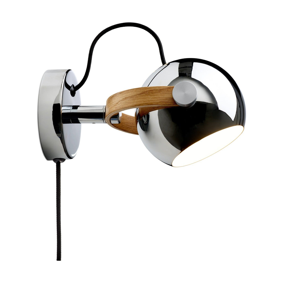 DC Wall Light 12cm in chrome, a round backplate with an oak yoke holding a polished chrome sphere, white-lined opening and black cable, on a plain white background.