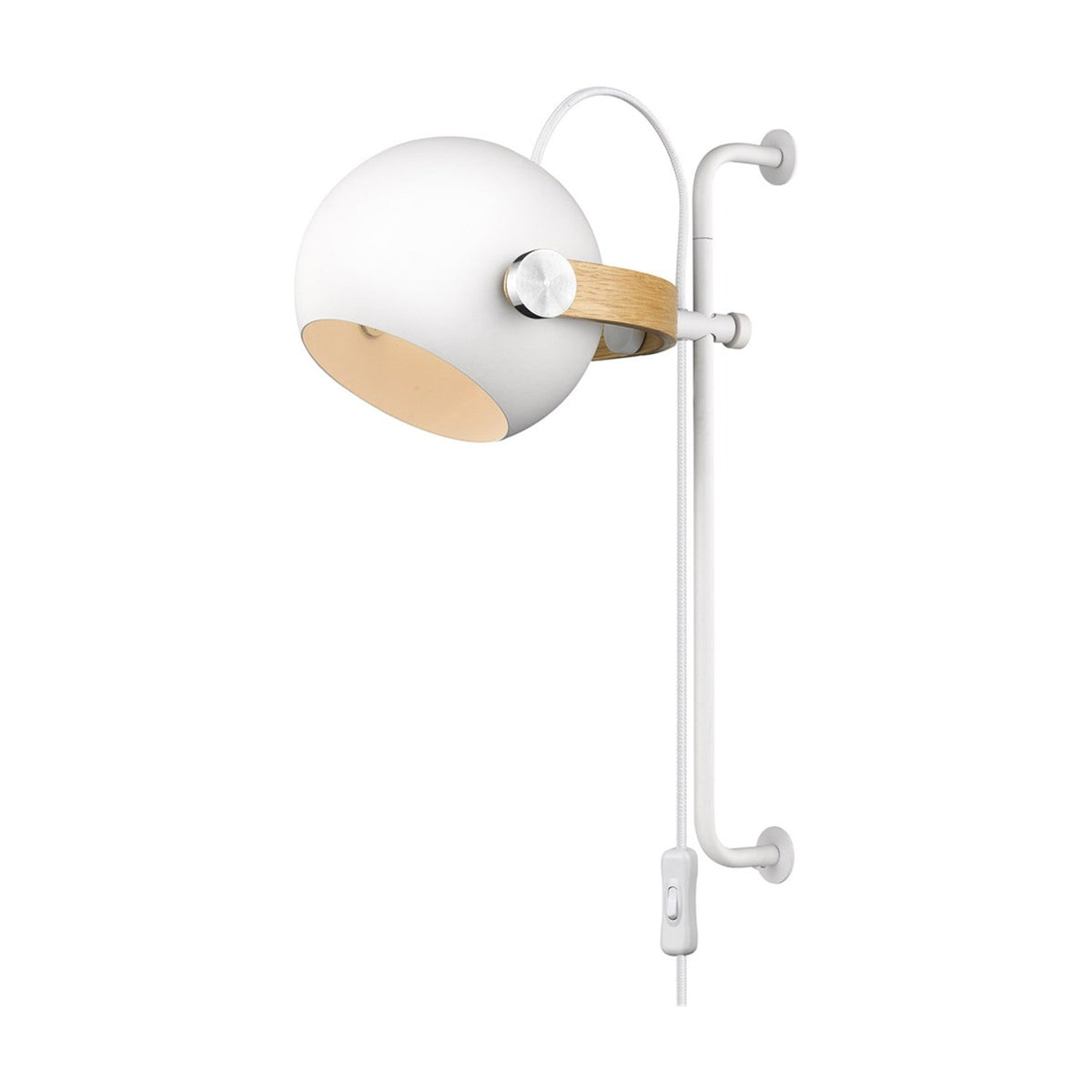 DC Long Wall Light 18cm in white and oak, showing a white spherical shade on an oak arm sliding along a white wall rail with plug and switch, on a plain white background.