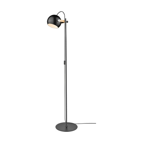 DC Floor Lamp with black sphere shade on a short oak arm, adjustable along a slim black rail on a round black base, plain white background.