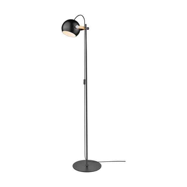 DC Floor Lamp with black sphere shade on a short oak arm, adjustable along a slim black rail on a round black base, plain white background.