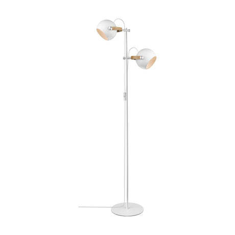 DC 2 Light Floor Lamp in white and oak, slim stem on a round base with two white spherical shades on adjustable oak arms, pale oak-lined interiors, on a plain white background.