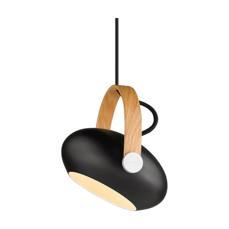 DC Pendant Light 18cm in black and oak, flattened egg-shaped shade with an arched oak handle strap and black braided flex, on a plain white background.