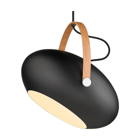 DC Pendant Light 40cm in matte black with an oak strap handle detail, egg-shaped shade open underneath, black braided flex, shown on a plain white background.