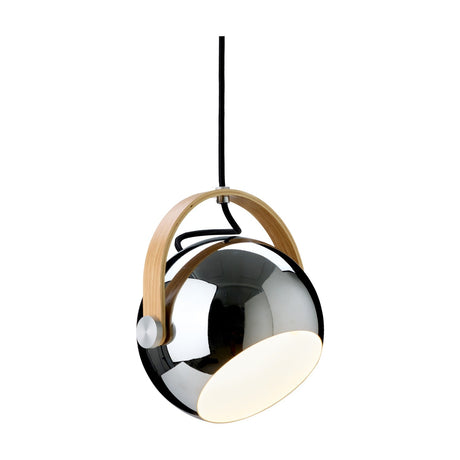 DC Ball Pendant Light 18cm in polished chrome, a mirror-bright sphere held in a pale oak cradle with disc pins, white-lined open base, black braided flex, on a plain white background.
