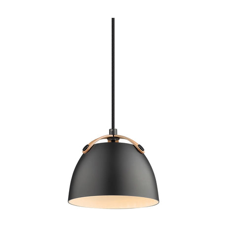 Oslo Pendant Light 16cm in black and oak, dome shade with arched wood strap handle and cream inner lining, black flex, shown on a plain white background.