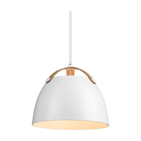 Oslo Pendant Light 24cm dome shade in white with an oak strap handle across the top, white braided flex, cream-lined interior, shown on a plain white background.