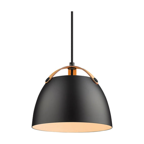 Oslo Pendant Light 24cm in matt black with an arched pale oak strap across the dome, cream inner lining, and black braided flex, shown on a plain white background.