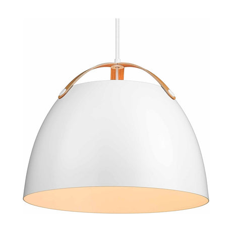 Oslo Pendant Light 40cm in white and oak, showing a glossy white dome shade with a pale oak arched handle strap and cream-lined interior, on a plain white background.