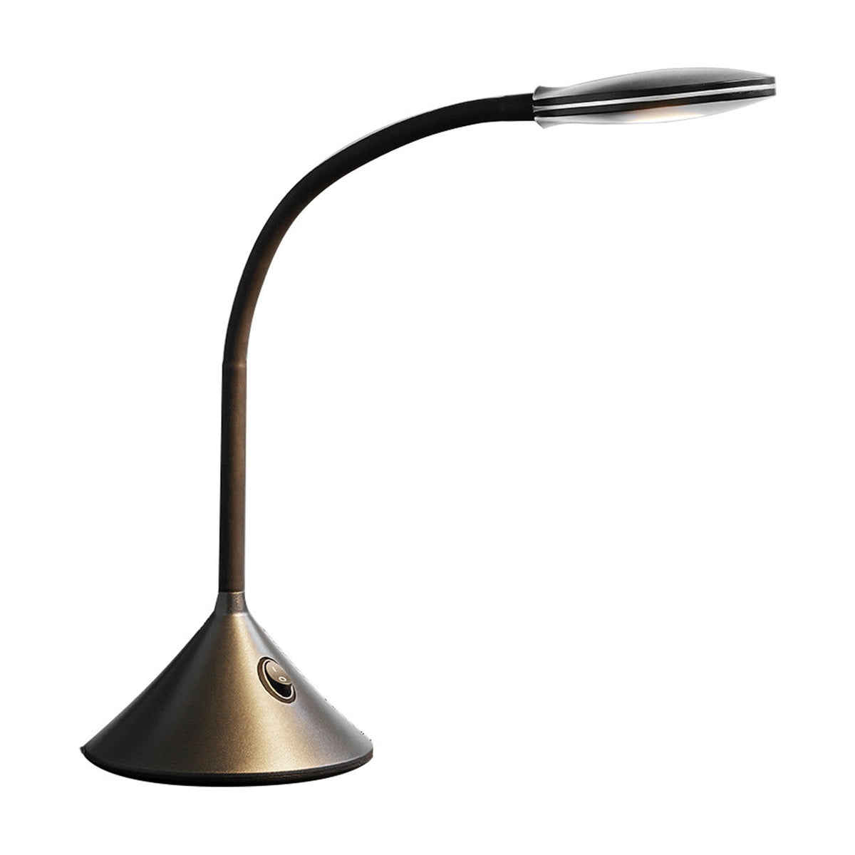 Fix LED Table Lamp 4W in black, with a slim flexible gooseneck arm, flat oval head with metal top, and a wide gunmetal cone base with touch control, on a white background.