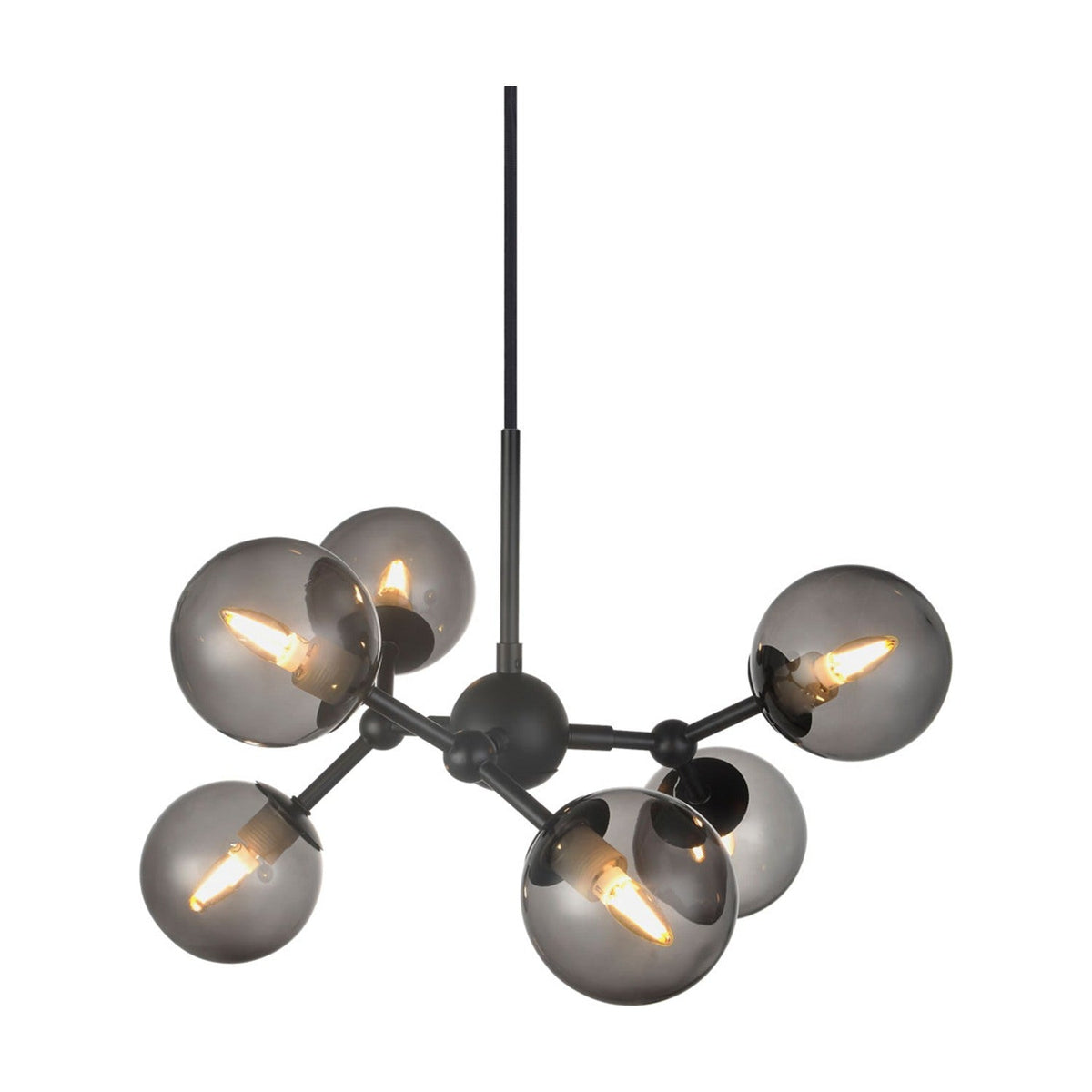 Atom Mini 6 Light Smoke Glass Chandelier in black, with six smoked glass globes on angled black stems branching from a central hub, shown on a plain white background.