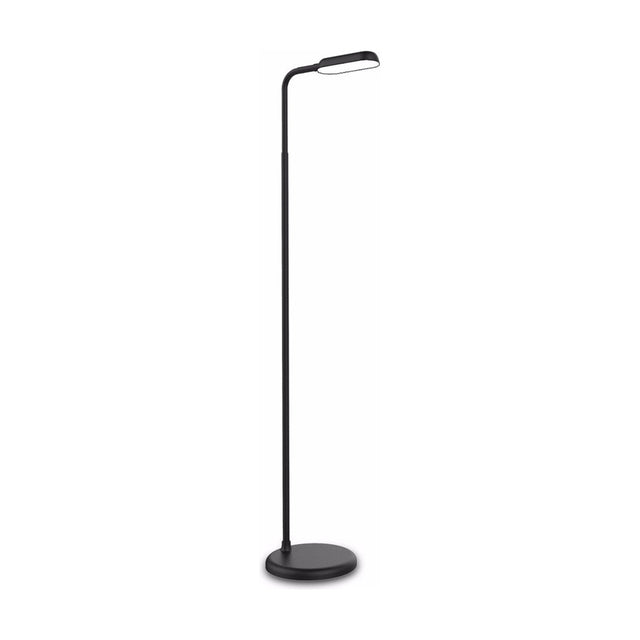 Read LED with Charger floor lamp in black, slim round stem on a low disc base with a bent, flat rectangular head, shown on a plain white background.