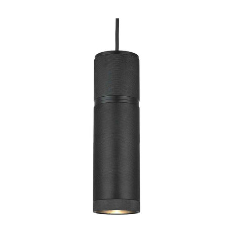 Halo Cylinder pendant light in matt black metal, a tall slim knurled tube with a central turned band, hung from a black cable on a plain white background.