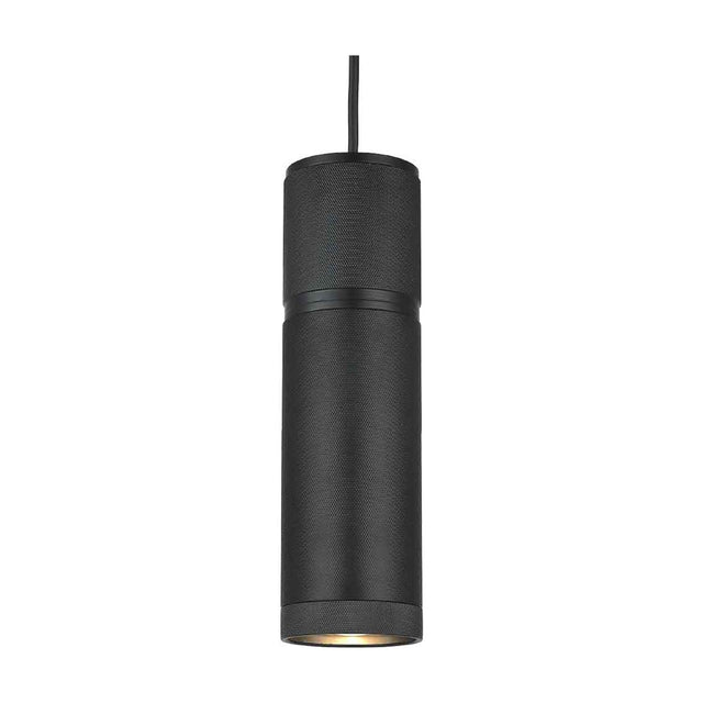 Halo Cylinder pendant light in matt black metal, a tall slim knurled tube with a central turned band, hung from a black cable on a plain white background.