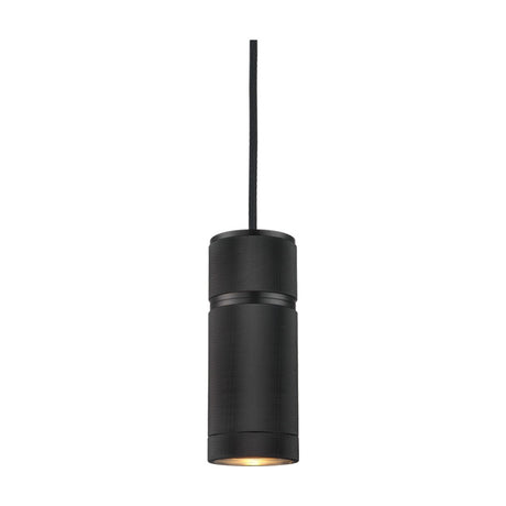 Halo Small Pendant Light in black, a short cylindrical fitting with fine knurled texture and a turned band, hung on a black flex against a plain white background.