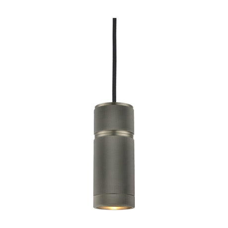 Halo Small Pendant Light in antique brass, a short knurled cylindrical shade with a turned band near the top, hung from a black flex on a plain white background.