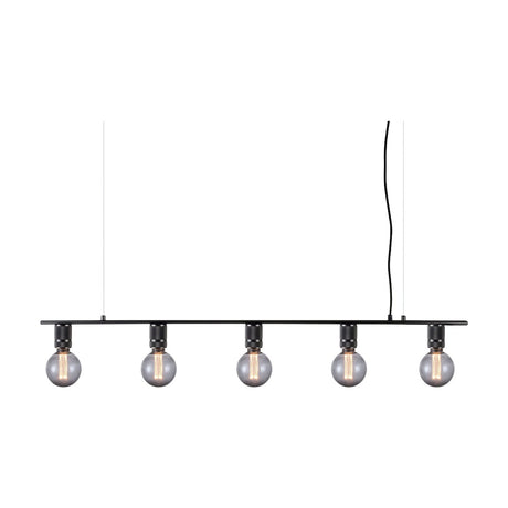 Halo 5 Light Chandelier in gunmetal, a slim horizontal black bar suspended on two wires, with five smoked glass globe bulbs on evenly spaced holders, shown on a white background.