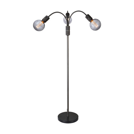Halo 3 Light Floor Lamp in gunmetal, with a slim black stem on a round marble base branching into three curved arms holding smoked glass globe bulbs, shown on a white background.