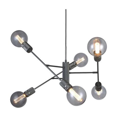 Halo Adjustable 6 Light Chandelier in gunmetal, with black knurled rods radiating from a central hub, each holding a smoked glass globe bulb, shown on a white background.