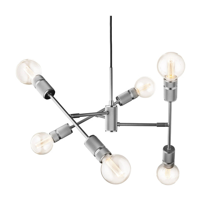 Halo Mini 6 Light Chandelier 54cm in gunmetal, with straight steel rods radiating from a central hub, each holding a clear globe bulb with visible filament, on a plain white background.
