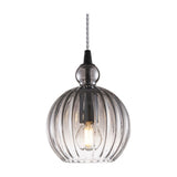 Ball Pendant Light 15cm in smoke grey ribbed glass with a rounded knop and black cone fitting, showing a lit filament bulb against a plain white background.