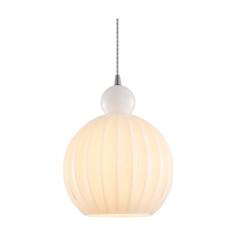 Ball Pendant Light 25cm in opal glass, ribbed globe shade with a small rounded knop, chrome fitting and twisted grey-white flex, on a plain white background.