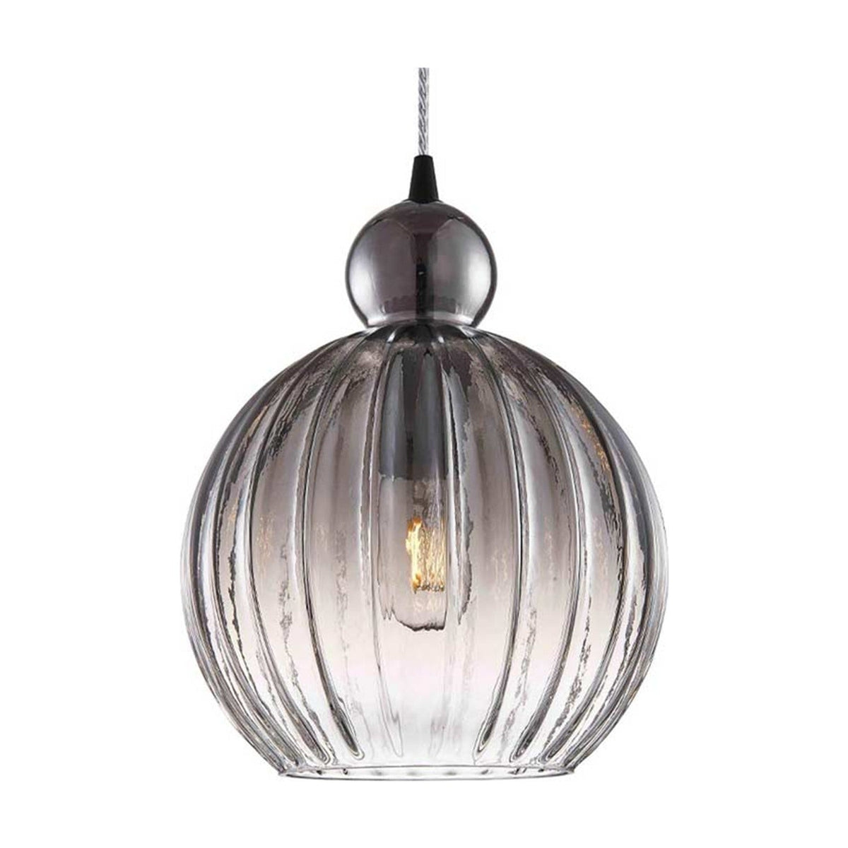 Ball Pendant Light 25cm in smoke, a ribbed glass globe with a rounded knop on a black cone fitting, E27 bulb visible, shown on a plain white background.