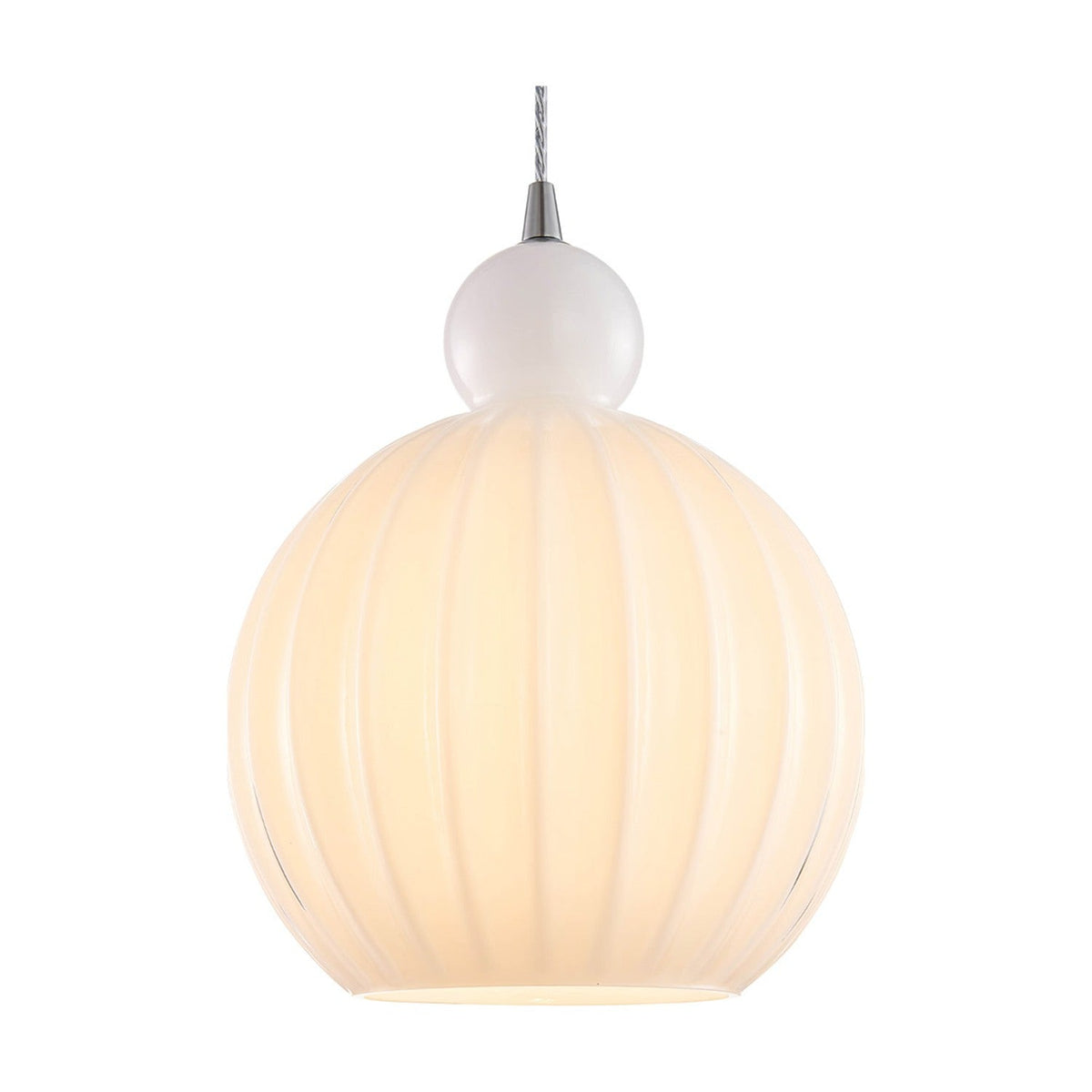 Ball Pendant Light 32cm in opal glass with ribbed vertical flutes, a rounded knop, chrome cone fitting, and twisted grey-white flex, shown on a plain white background.