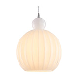 Ball Pendant Light 32cm in opal glass with ribbed vertical flutes, a rounded knop, chrome cone fitting, and twisted grey-white flex, shown on a plain white background.