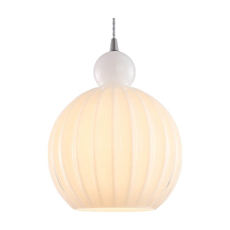 Ball Pendant Light 32cm in opal glass with ribbed vertical flutes, a rounded knop, chrome cone fitting, and twisted grey-white flex, shown on a plain white background.