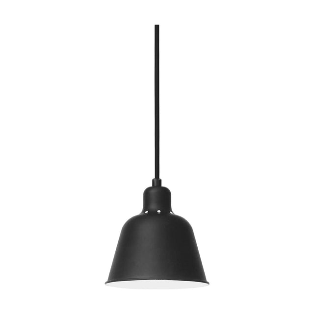 Carpenter Pendant Light 15cm in matt black with a bell-shaped metal shade, white interior lining, small vent holes around the shoulder, and a long black cord, shown on a plain white background.