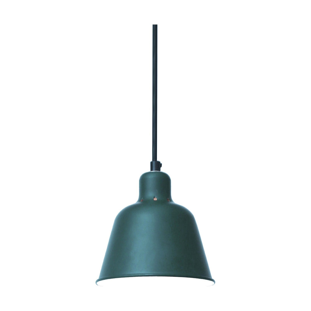 Carpenter Pendant Light 15cm in dark green, a cone-shaped metal shade with white interior and small vents on the shoulder, hung from a black cord on a white background.