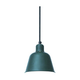 Carpenter Pendant Light 15cm in dark green, a cone-shaped metal shade with white interior and small vents on the shoulder, hung from a black cord on a white background.