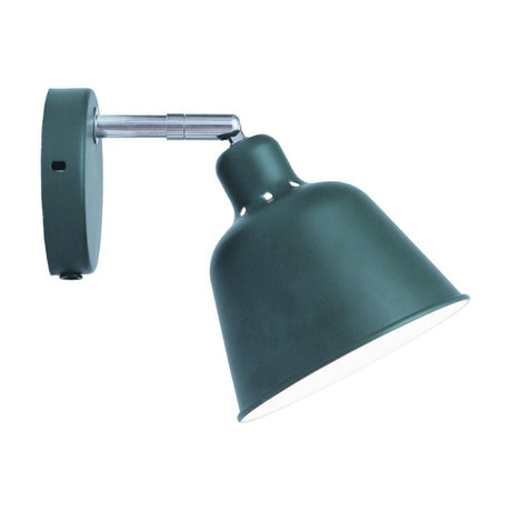 Carpenter Wall Light 15cm in dark green, a bell-shaped shade with white interior and vented shoulder on a chrome arm and round wall plate, shown on a plain white background.
