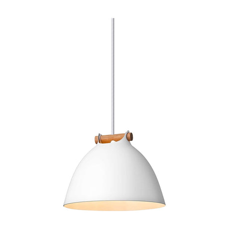 Aarhus Pendant Light 18cm - White & Wood, a bell-shaped dome shade with cream interior, topped by an oak saddle bracket and white flex cord, on a plain white background.
