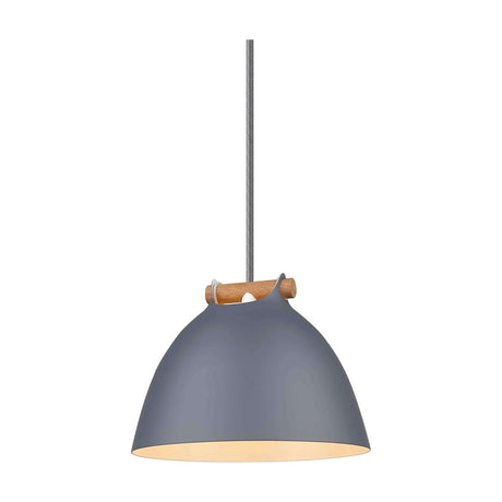 Aarhus Pendant Light 18cm in grey and wood, dome-shaped shade with a pale oak strap handle and cream interior, on a grey braided flex against a plain white background.