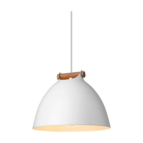Aarhus Pendant Light 24cm in white and wood, a dome-shaped shade with an oak strap handle across the top, cream-lined interior, on a white cable against a plain background.