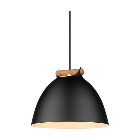 Aarhus Pendant Light 24cm in matt black with a curved pale wood strap on top, cream-lined dome shade and black flex cord, shown on a plain white background.