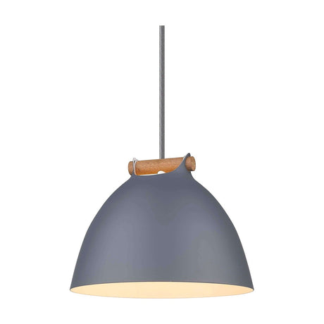 Aarhus Pendant Light 24cm in grey with a domed metal shade, pale wood carrying handle strap, and cream-lined interior, shown on a plain white background.