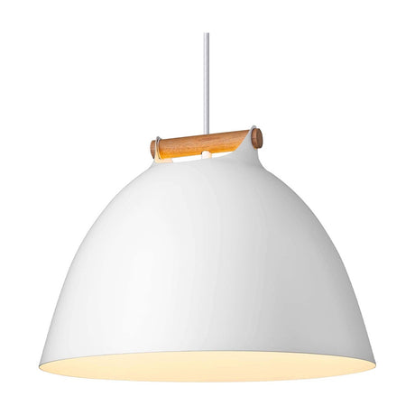 Aarhus Pendant Light 40cm in white, a large dome shade with a pale oak strap handle across the top and cream-lined interior, shown on a plain white background.