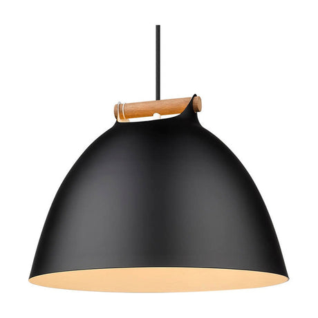 Aarhus 40cm pendant light with a large matte black dome shade, cream interior lining, and an arched pale wood strap handle across the top, shown on a white background.