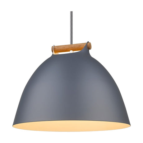 Aarhus 40cm pendant light with a large matte grey dome shade, cream-lined interior, arched pale wood strap handle across the top, and grey braided flex, shown on a white background.
