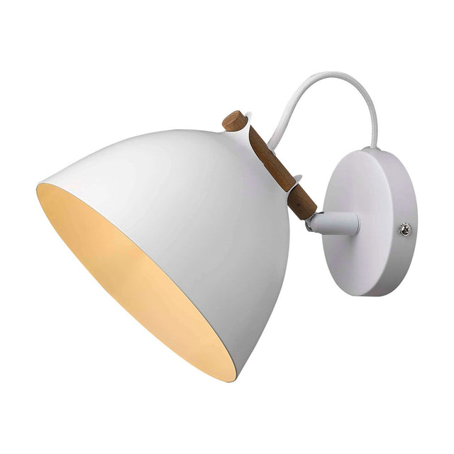 Aarhus 18cm wall light with a white dome shade tilted downward, cream-lined interior, dark wood pin detail, and a round white wall plate on a plain white background.