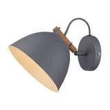 Aarhus Wall Light 18cm in grey with a dark wood pin, angled dome shade with cream interior on a short arm from a round grey wall plate, plain white background.